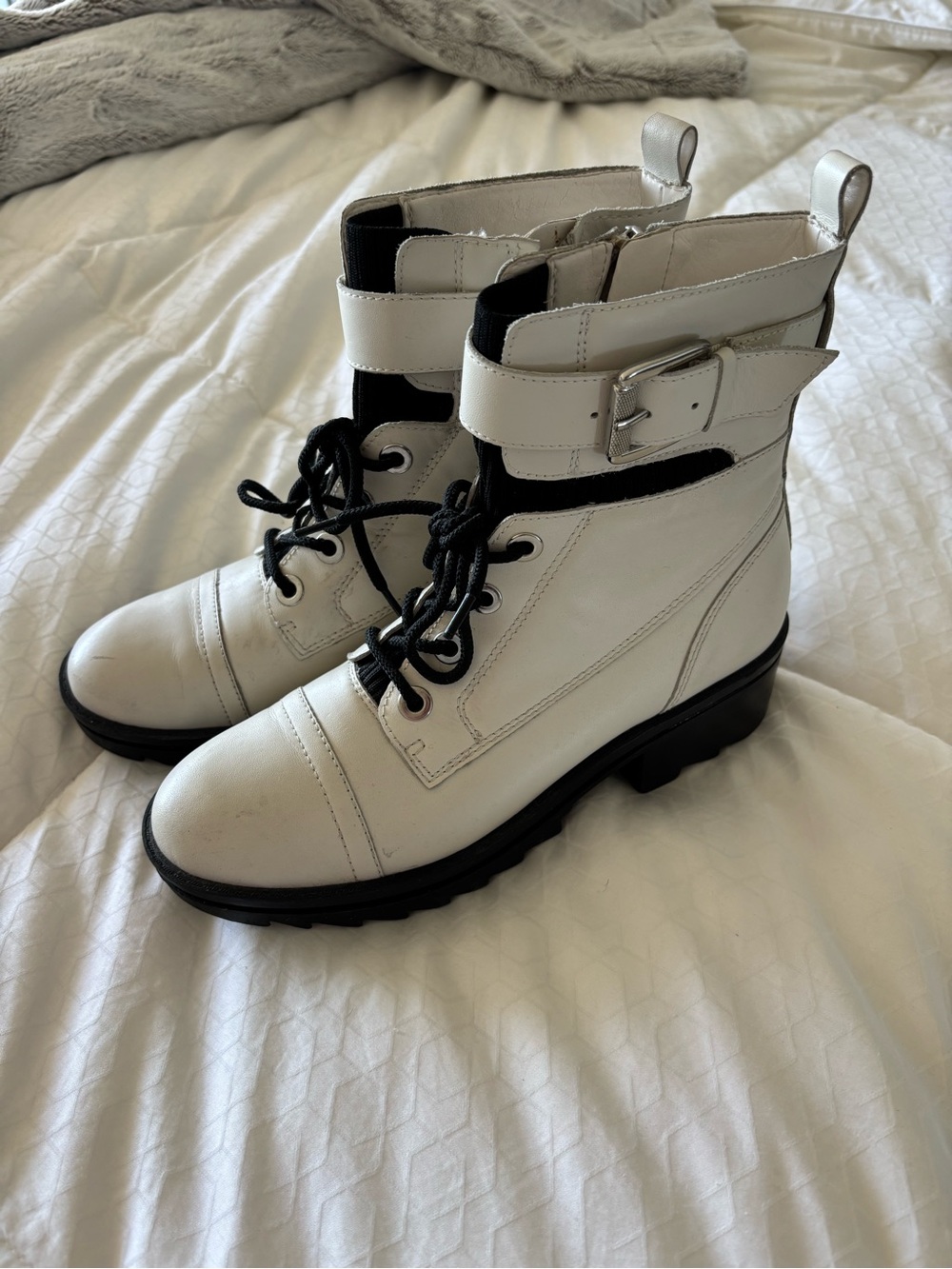 Marc Fisher White Leather Combat Boots with Buckle Strap